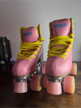 Impala Pink Roller Skates with Yellow Laces